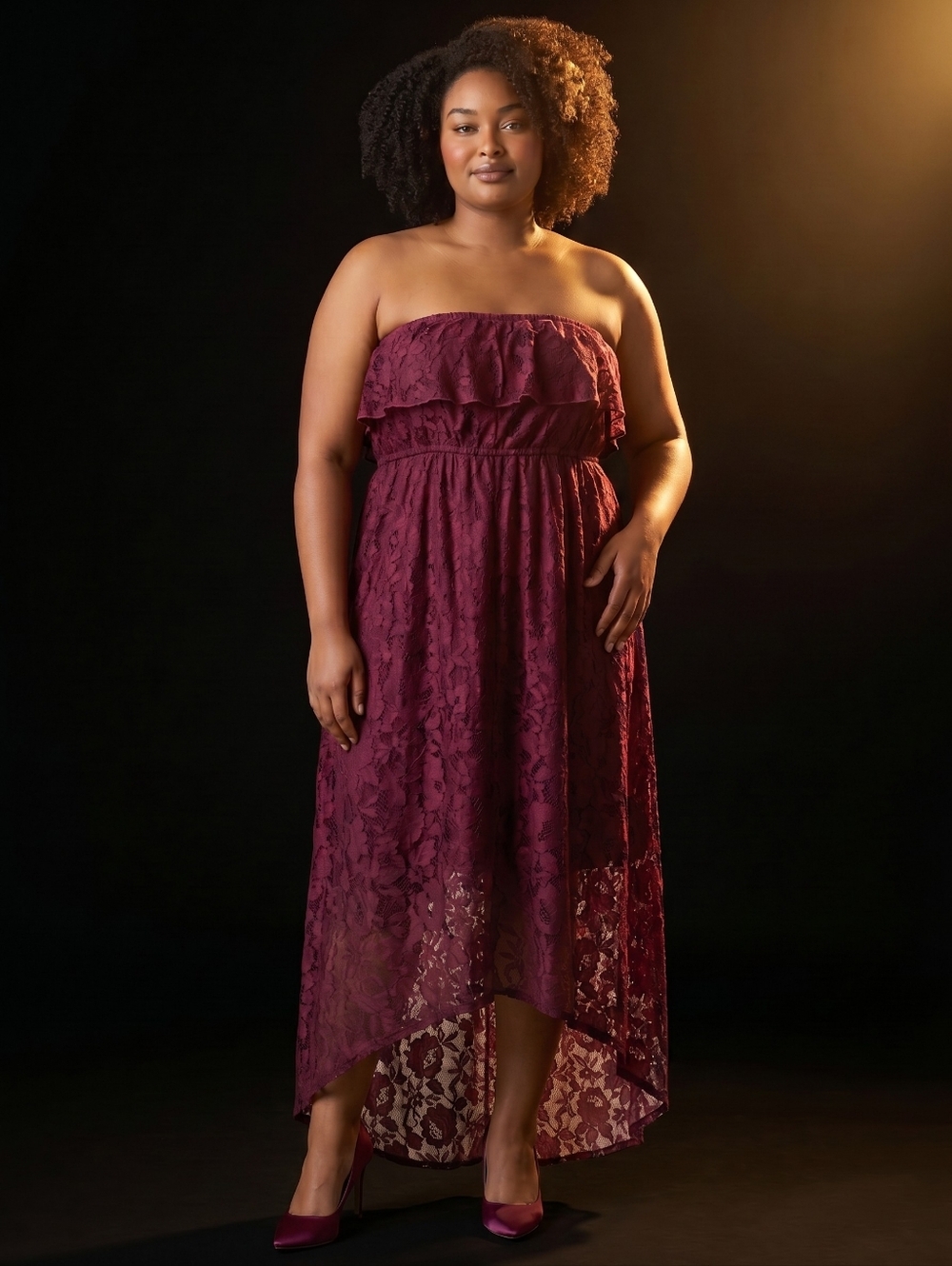 Rose Lace Strapless Dress Hi Low Purple Womens 2X Plus Sexy Party Dress